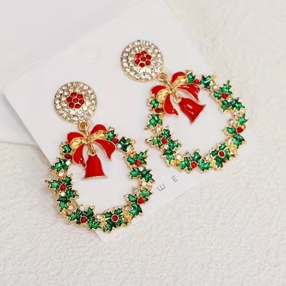Christmas Wreath Earrings with Red Bell & Bow Holiday Statement Jewelry - Picture 4 of 7